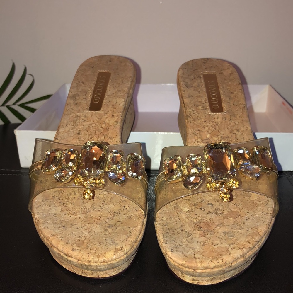 Staccato cork wedge sandals with faux jewel embellishments. New.